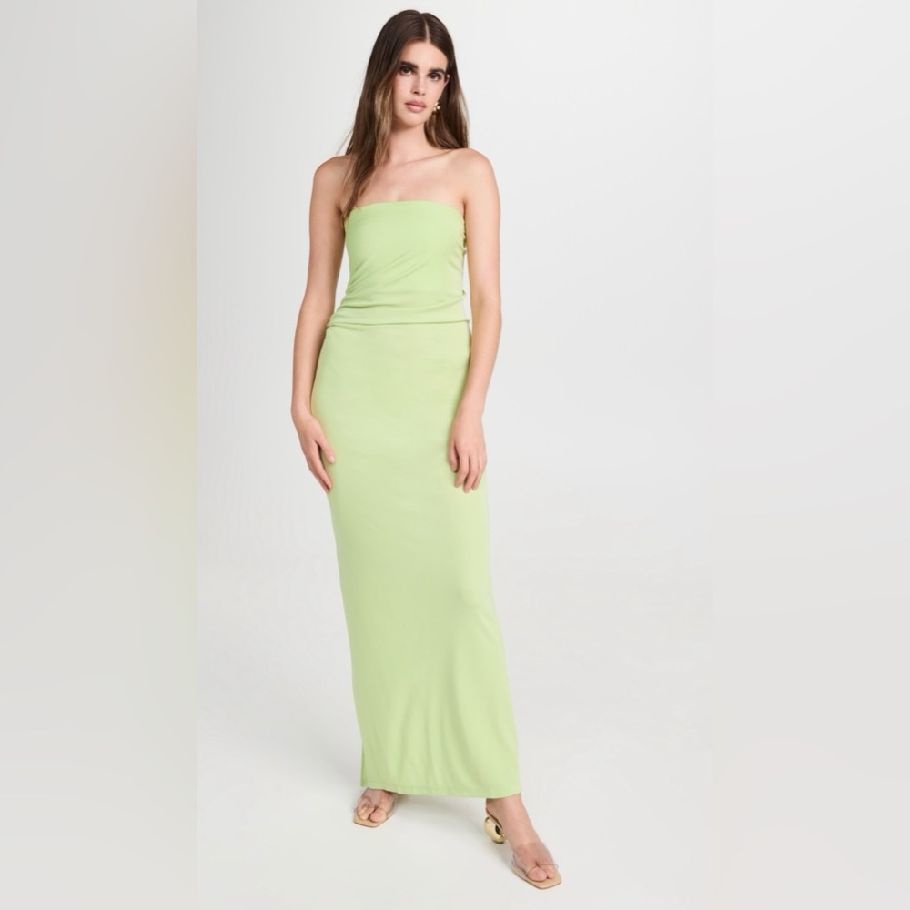 Christopher Esber strapless ruched dress in pistachio.